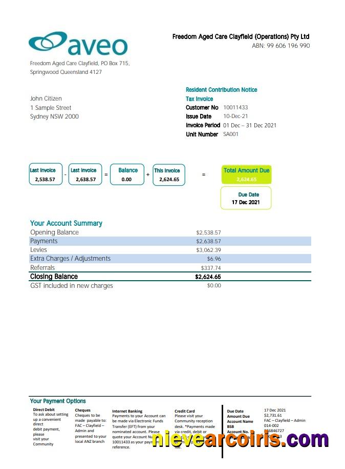 Australia Aveo bank statement in .xls and .pdf file format